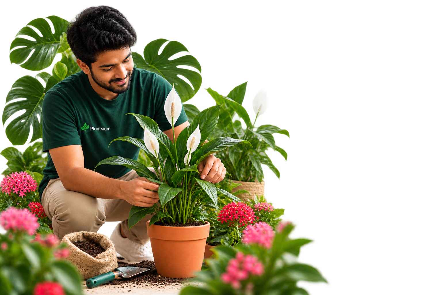 Gardener caring for a peace lily surrounded by plants